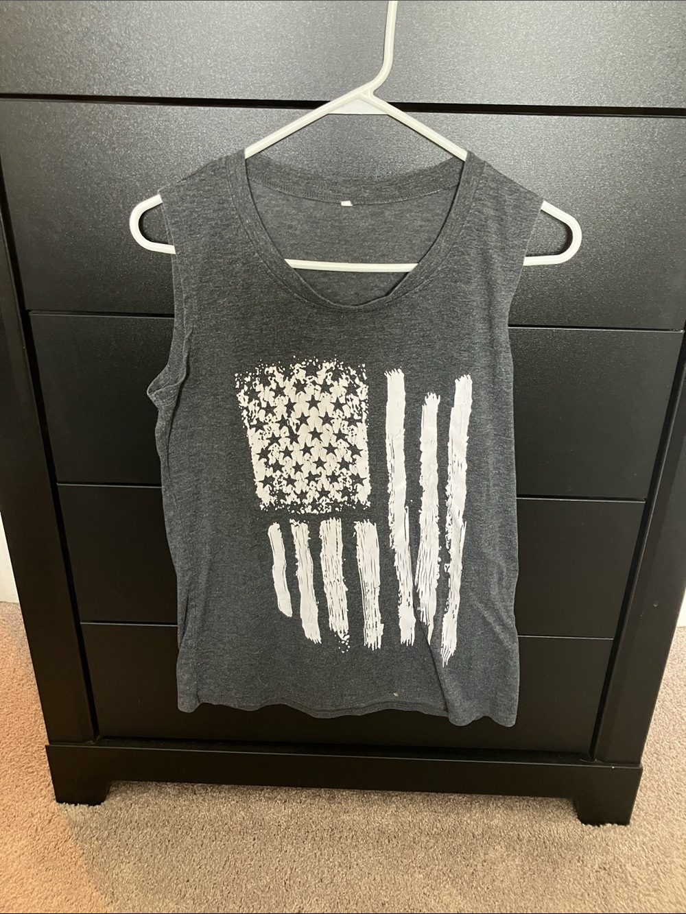 Dark Gray Sleeveless Graphic Tank with White Distressed Flag Medium